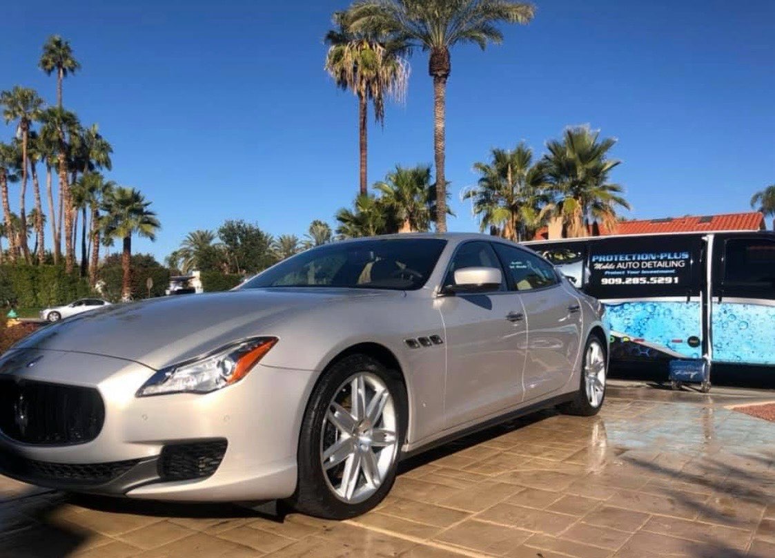 Silver Maserati Quattroporte detailed on location by Protection Plus